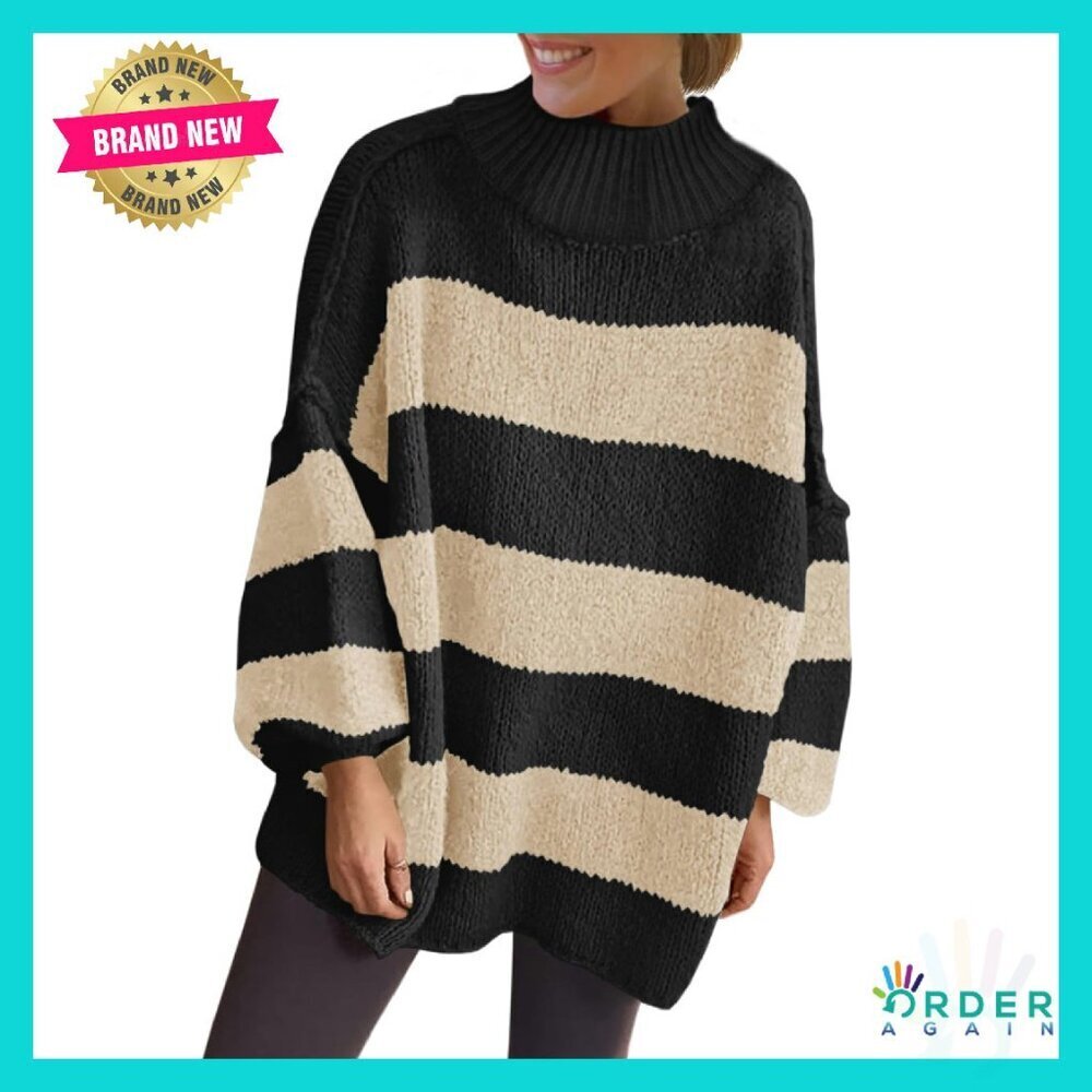 Oversized Striped Sweater Mock Neck Chunky Knit Lantern Sleeve Tunic Top